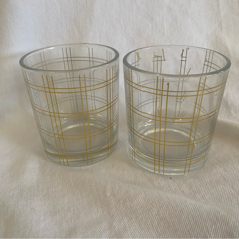 Vintage Mid-Century Modern Gold Grid Lowball Rocks Glasses Set of 2